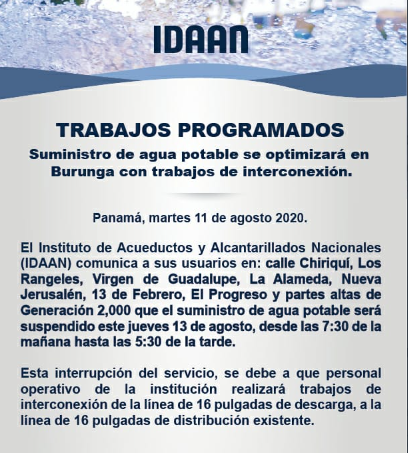Suministro de agua en Arraiján será suspendido este 11 de agosto